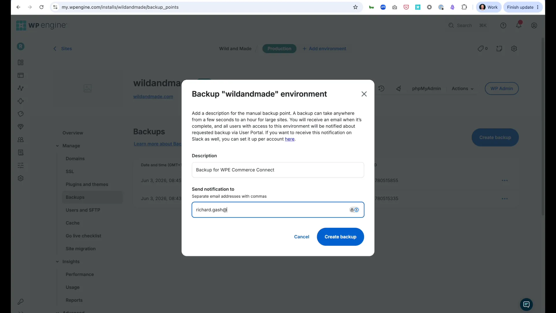 Create backup in WP Engine User Portal