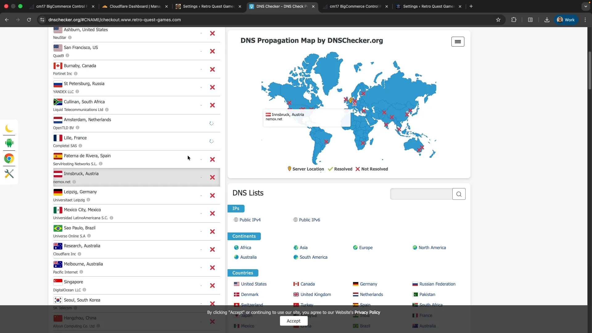 DNS checker showing global propagation