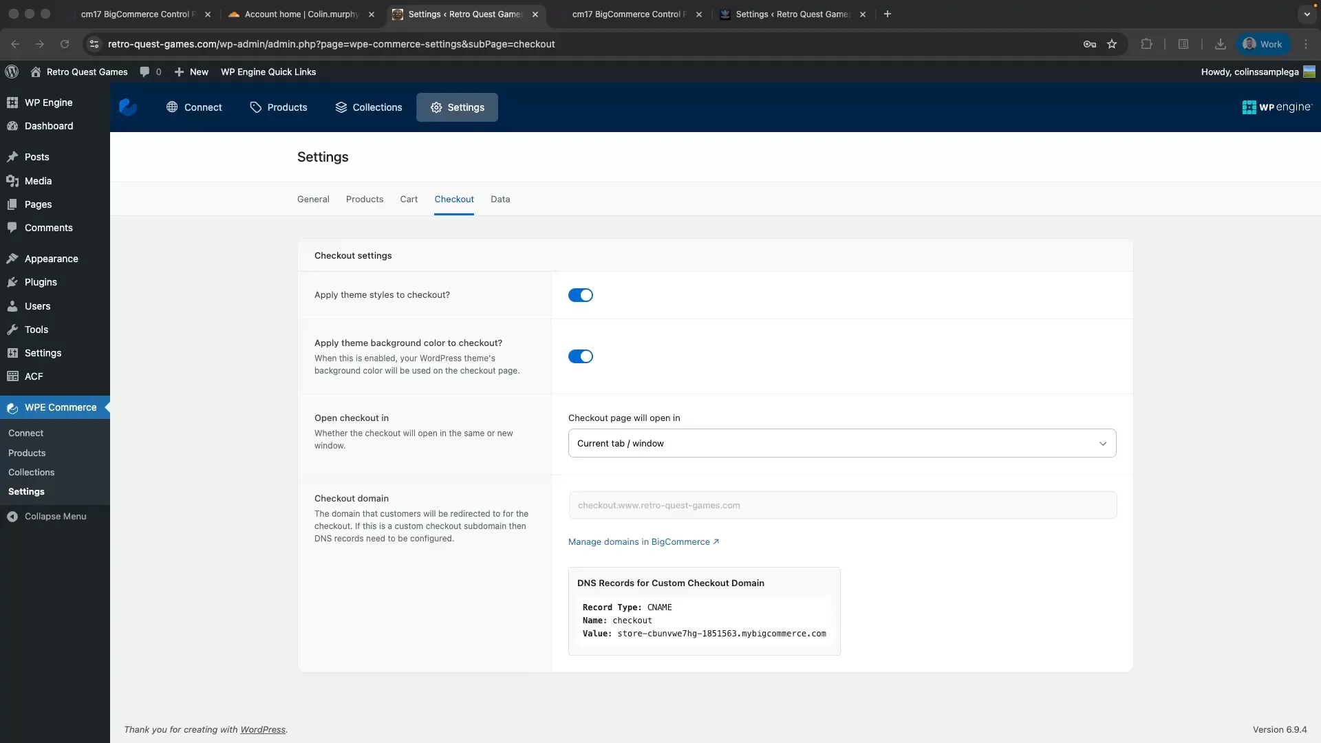 WordPress® checkout settings showing DNS records