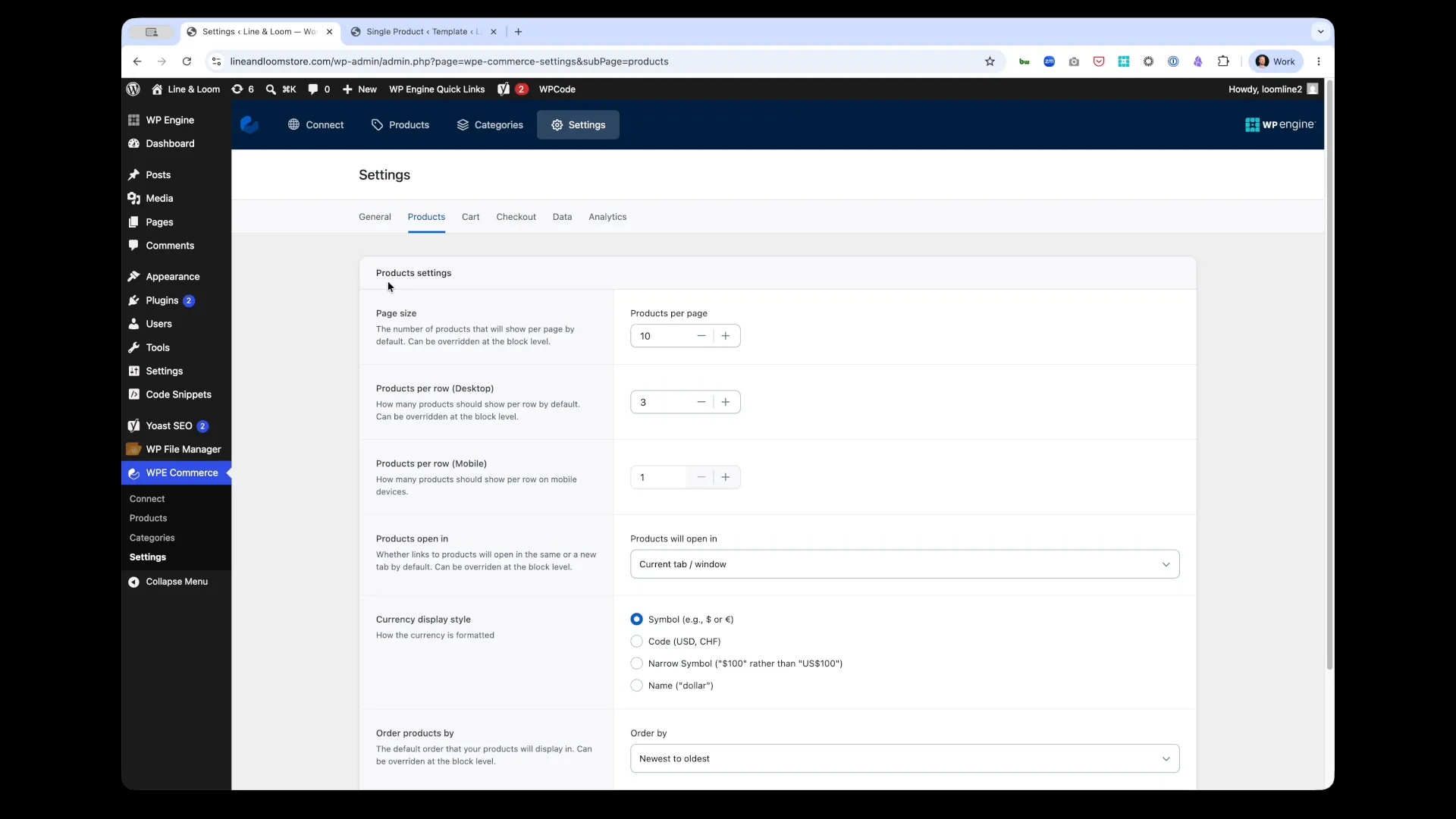 Products settings panel showing page size, products per row, currency display, and ordering options