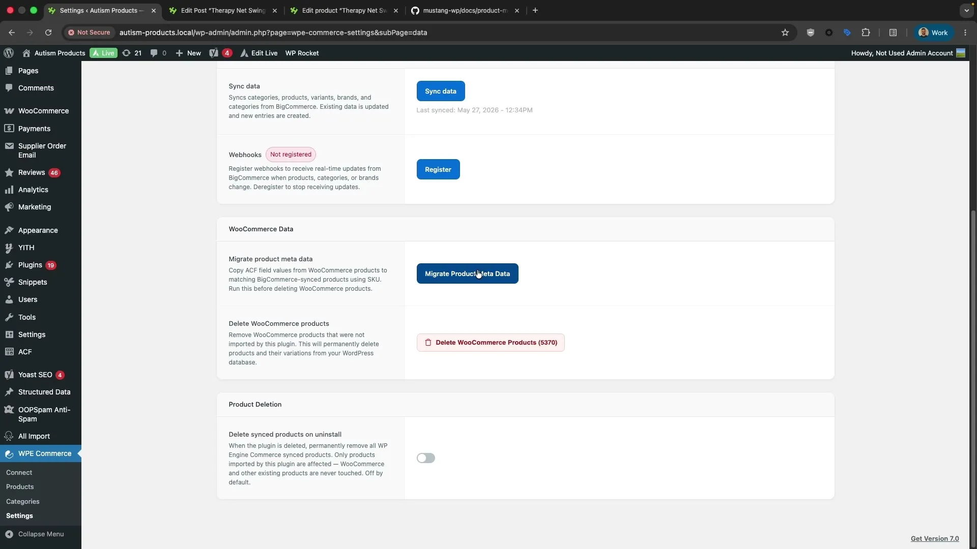Settings page showing Sync data button